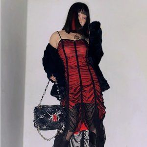 Y2K Gothic Hot Girl Black Tulle Red Cami Dress by KRAFTWERK